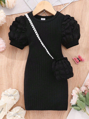 Girls Short-Sleeved Casual A-Line Dress With Bubble Texture And Solid Color Pique Fabric [Includes Bag]
