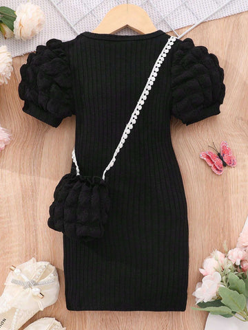 Girls Short-Sleeved Casual A-Line Dress With Bubble Texture And Solid Color Pique Fabric [Includes Bag]