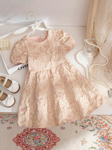 Girls' Short-Sleeved Princess Dress With 3D Floral Embroidery, Luxury Party Dress