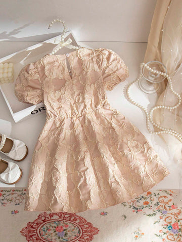 Girls' Short-Sleeved Princess Dress With 3D Floral Embroidery, Luxury Party Dress