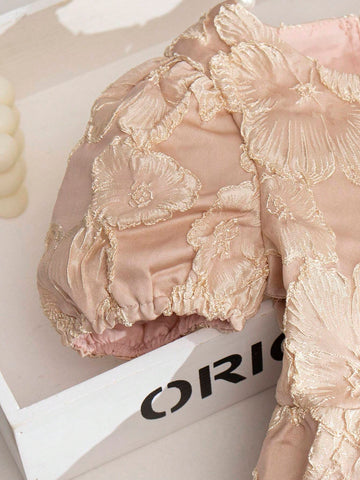 Girls' Short-Sleeved Princess Dress With 3D Floral Embroidery, Luxury Party Dress