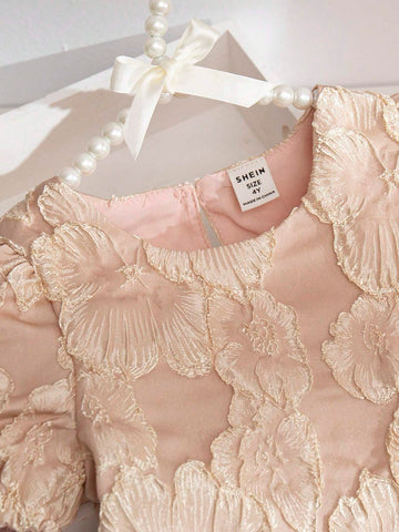 Girls' Short-Sleeved Princess Dress With 3D Floral Embroidery, Luxury Party Dress