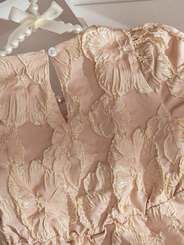 Girls' Short-Sleeved Princess Dress With 3D Floral Embroidery, Luxury Party Dress