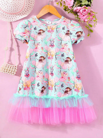 Girls' Short Sleeve Cartoon Printed Mesh Splice Dress