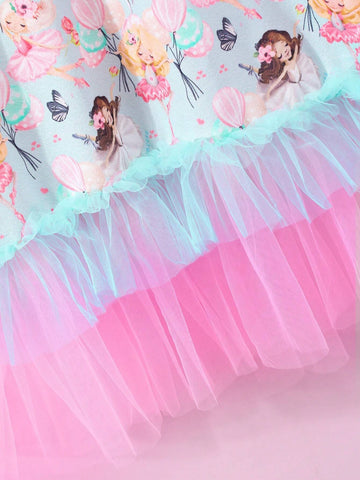 Girls' Short Sleeve Cartoon Printed Mesh Splice Dress