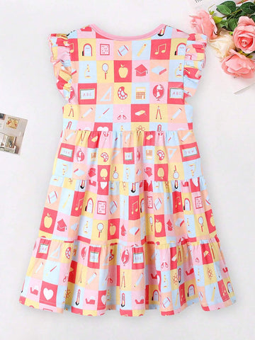 Girls' Short Sleeve Comfortable Dress, Summer Fashionable Breathable Sweat-Absorbent Random Cartoon Pattern Casual Dress, Round Neck, 2-8 Years Old