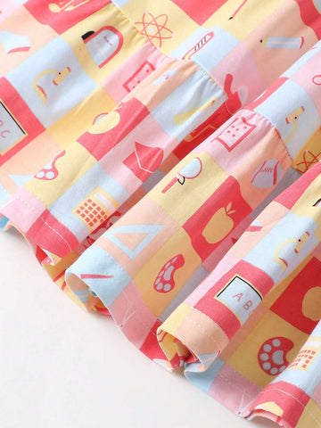 Girls' Short Sleeve Comfortable Dress, Summer Fashionable Breathable Sweat-Absorbent Random Cartoon Pattern Casual Dress, Round Neck, 2-8 Years Old