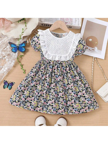 Girls' Short Sleeve Country Style Ditsy Floral Dress With Sweet Lace Decoration, Summer