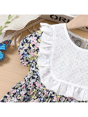 Girls' Short Sleeve Country Style Ditsy Floral Dress With Sweet Lace Decoration, Summer