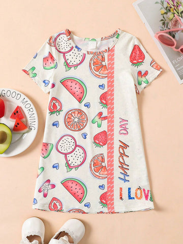 Girls" Short Sleeve Fruit Printed Casual Dress, Summer Sweet Style, Cool And Breathable