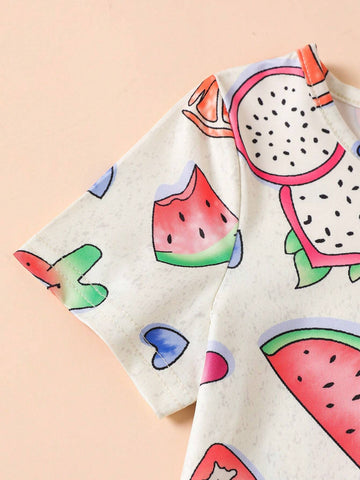 Girls" Short Sleeve Fruit Printed Casual Dress, Summer Sweet Style, Cool And Breathable