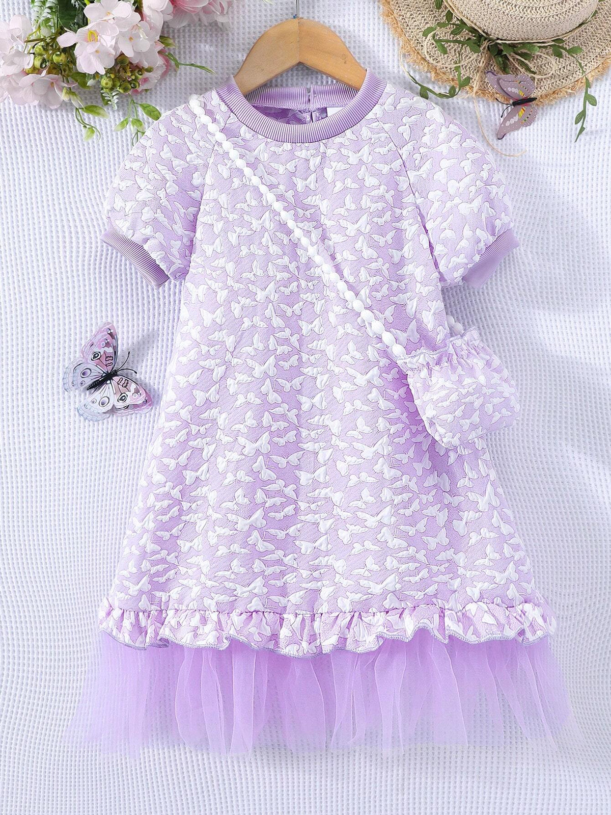 Girls' Short Sleeve Jacquard Texture Fabric Spliced Mesh Casual Dress With Bag
