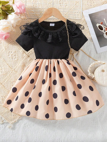 Girls' Short Sleeve Party Dress, Tropical Polka Dot Print Children's Casual Patchwork Dress