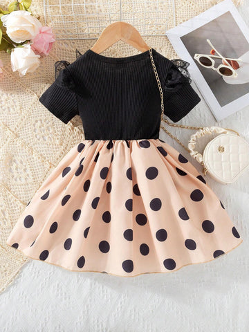 Girls' Short Sleeve Party Dress, Tropical Polka Dot Print Children's Casual Patchwork Dress