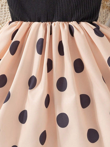 Girls' Short Sleeve Party Dress, Tropical Polka Dot Print Children's Casual Patchwork Dress