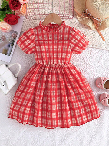 Girls' Short Sleeve Plaid Printed Button Front Round Neck Casual Dress, Summer