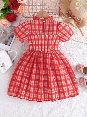 Girls' Short Sleeve Plaid Printed Button Front Round Neck Casual Dress, Summer