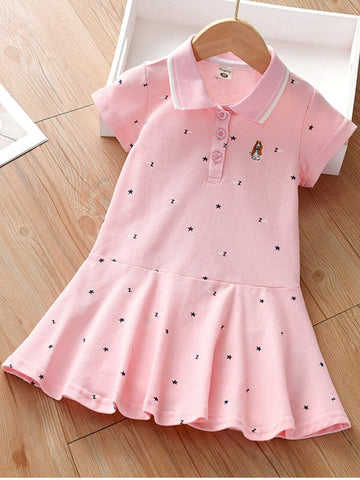 Girls' Short Sleeve Polo Dress, University Style, 2024 New Children's Fashionable Princess Dress For Summer