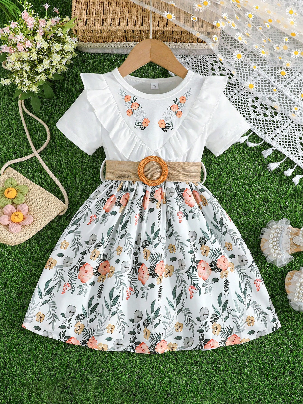 Girls' Short Sleeve Ruffle Floral Print Belted Dress, Elegant & Fashionable