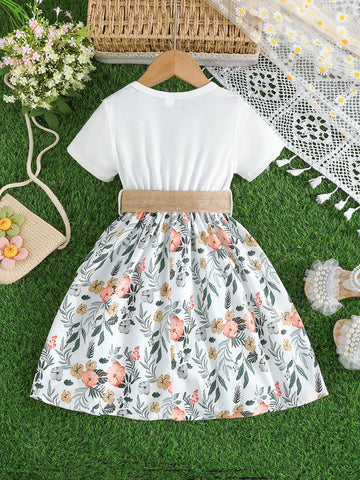 Girls' Short Sleeve Ruffle Floral Print Belted Dress, Elegant & Fashionable