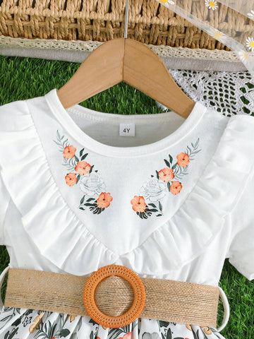 Girls' Short Sleeve Ruffle Floral Print Belted Dress, Elegant & Fashionable