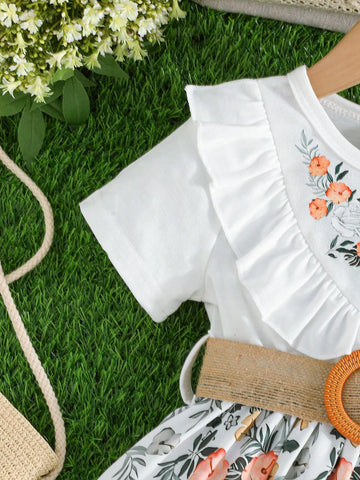 Girls' Short Sleeve Ruffle Floral Print Belted Dress, Elegant & Fashionable