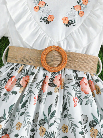 Girls' Short Sleeve Ruffle Floral Print Belted Dress, Elegant & Fashionable
