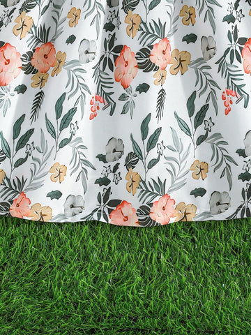 Girls' Short Sleeve Ruffle Floral Print Belted Dress, Elegant & Fashionable