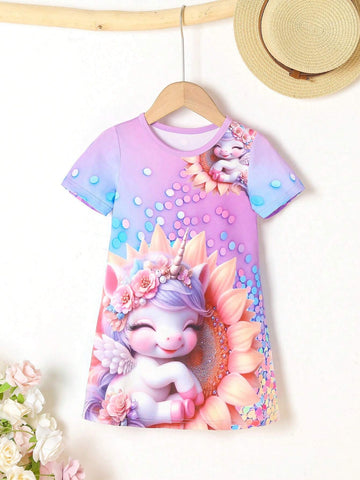 Girls' Short Sleeve Unicorn Printed Casual Dress, Summer Breathable And Refreshing Dress For Girls