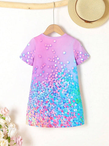 Girls' Short Sleeve Unicorn Printed Casual Dress, Summer Breathable And Refreshing Dress For Girls