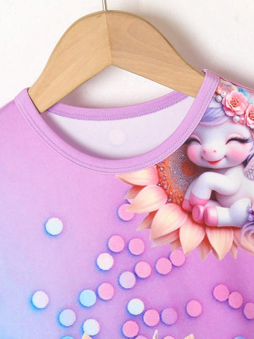 Girls' Short Sleeve Unicorn Printed Casual Dress, Summer Breathable And Refreshing Dress For Girls