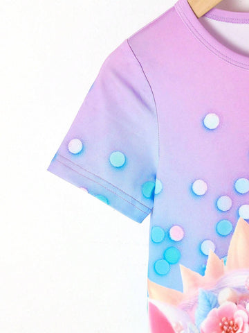 Girls' Short Sleeve Unicorn Printed Casual Dress, Summer Breathable And Refreshing Dress For Girls