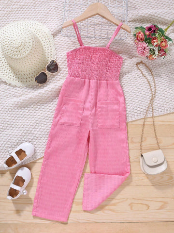 Girls' Simple And Elegant Solid Color Thin Strap Pocket Jumpsuit Summer