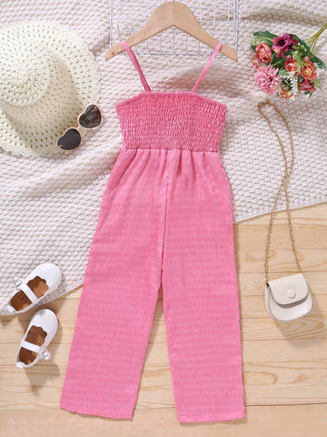 Girls' Simple And Elegant Solid Color Thin Strap Pocket Jumpsuit Summer