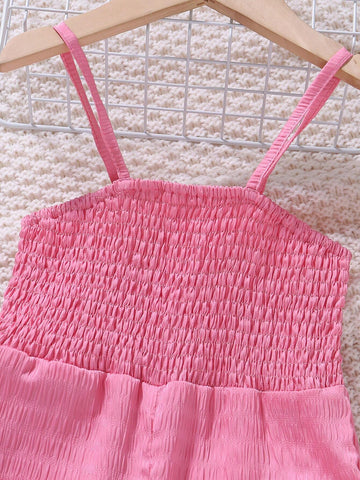 Girls' Simple And Elegant Solid Color Thin Strap Pocket Jumpsuit Summer