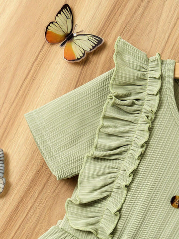 Girls' Simple Casual 2-Piece Set, Using A Soft Light Green As The Main Color Tone, Giving A Fresh And Natural Feel