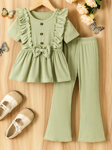 Girls' Simple Casual 2-Piece Set, Using A Soft Light Green As The Main Color Tone, Giving A Fresh And Natural Feel