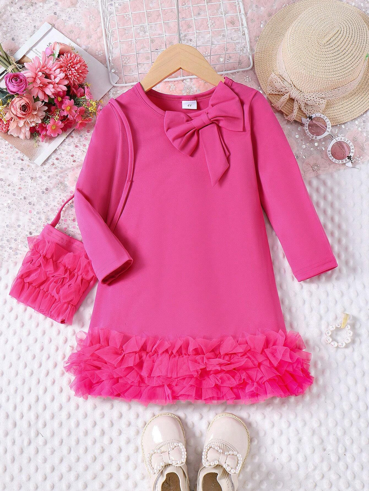 Girls Simple Elegant Mesh Ruffle Bow Long Sleeve Straight Dress With Bag, Autumn/Winter
