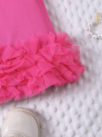 Girls Simple Elegant Mesh Ruffle Bow Long Sleeve Straight Dress With Bag, Autumn/Winter
