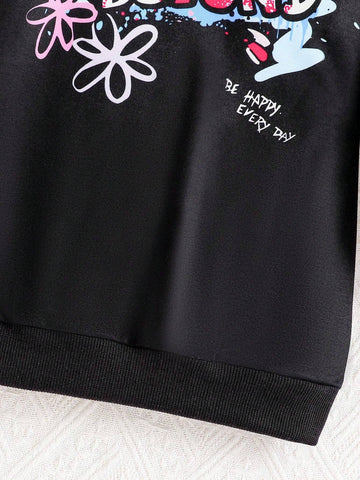 Girls Simple Fashion Spring/Autumn Set, Young Girl Heart & Flower Letter Print Ribbed Sleeve Round Neck Long Sleeve Mid-Length Dress