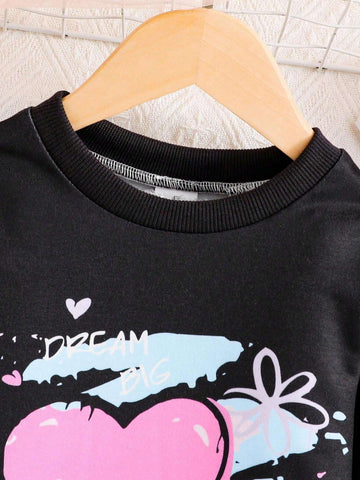 Girls Simple Fashion Spring/Autumn Set, Young Girl Heart & Flower Letter Print Ribbed Sleeve Round Neck Long Sleeve Mid-Length Dress