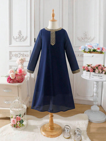 Girls' Simple Solid Color Dress With Embroidered Decor On Collar And Cuffs