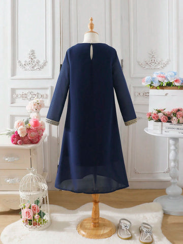 Girls' Simple Solid Color Dress With Embroidered Decor On Collar And Cuffs