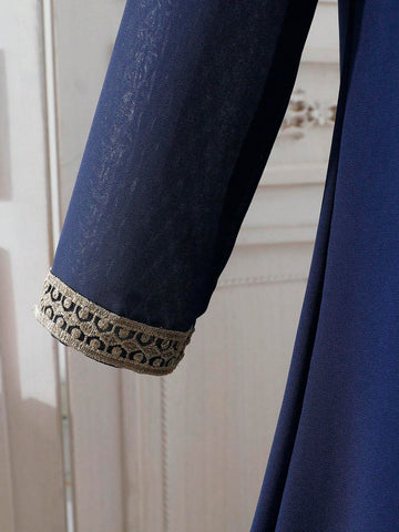Girls' Simple Solid Color Dress With Embroidered Decor On Collar And Cuffs