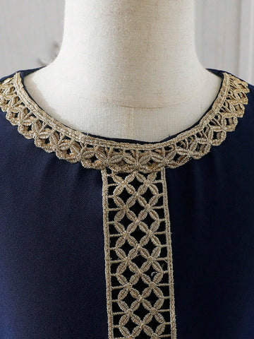Girls' Simple Solid Color Dress With Embroidered Decor On Collar And Cuffs