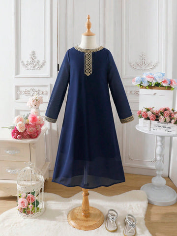 Girls' Simple Solid Color Dress With Embroidered Decor On Collar And Cuffs