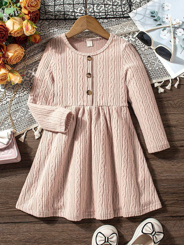 Girls Simple Solid Textured Knit Casual Dress, Suitable For Parties & Festivals, Autumn