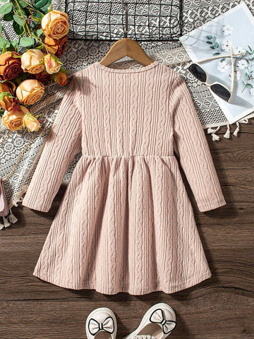 Girls Simple Solid Textured Knit Casual Dress, Suitable For Parties & Festivals, Autumn