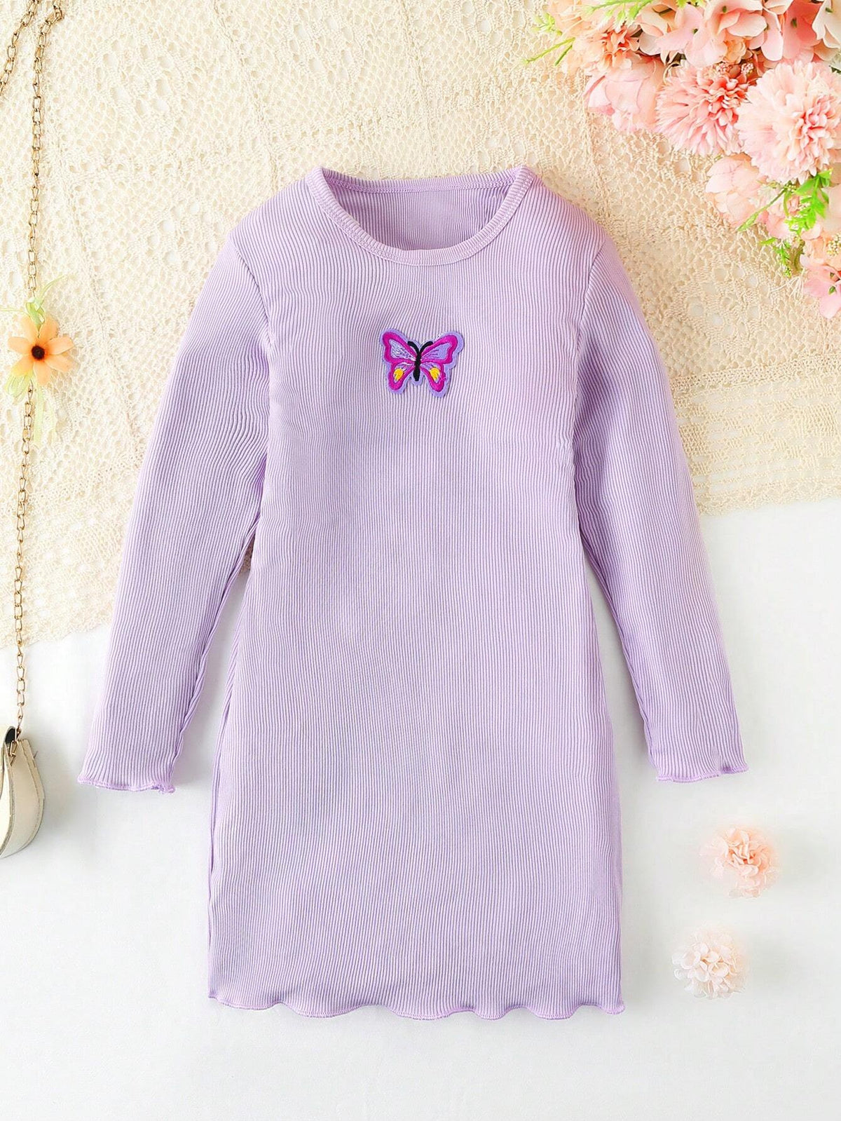 Girls' Simple & Casual Round Neck Straight Butterfly Embroidery Long Sleeve Dress, Early Autumn