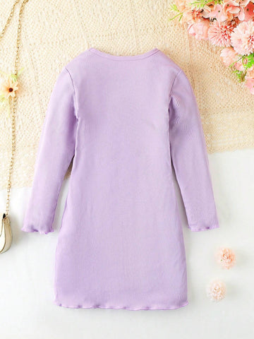 Girls' Simple & Casual Round Neck Straight Butterfly Embroidery Long Sleeve Dress, Early Autumn